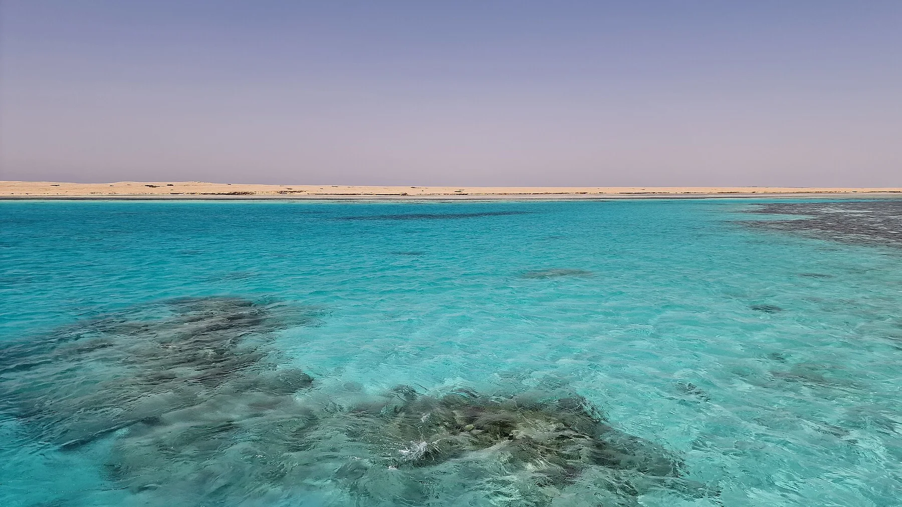 Eaux turquoise peu profondes et bande de sable sur une île Giftun, près d’Hurghada.
