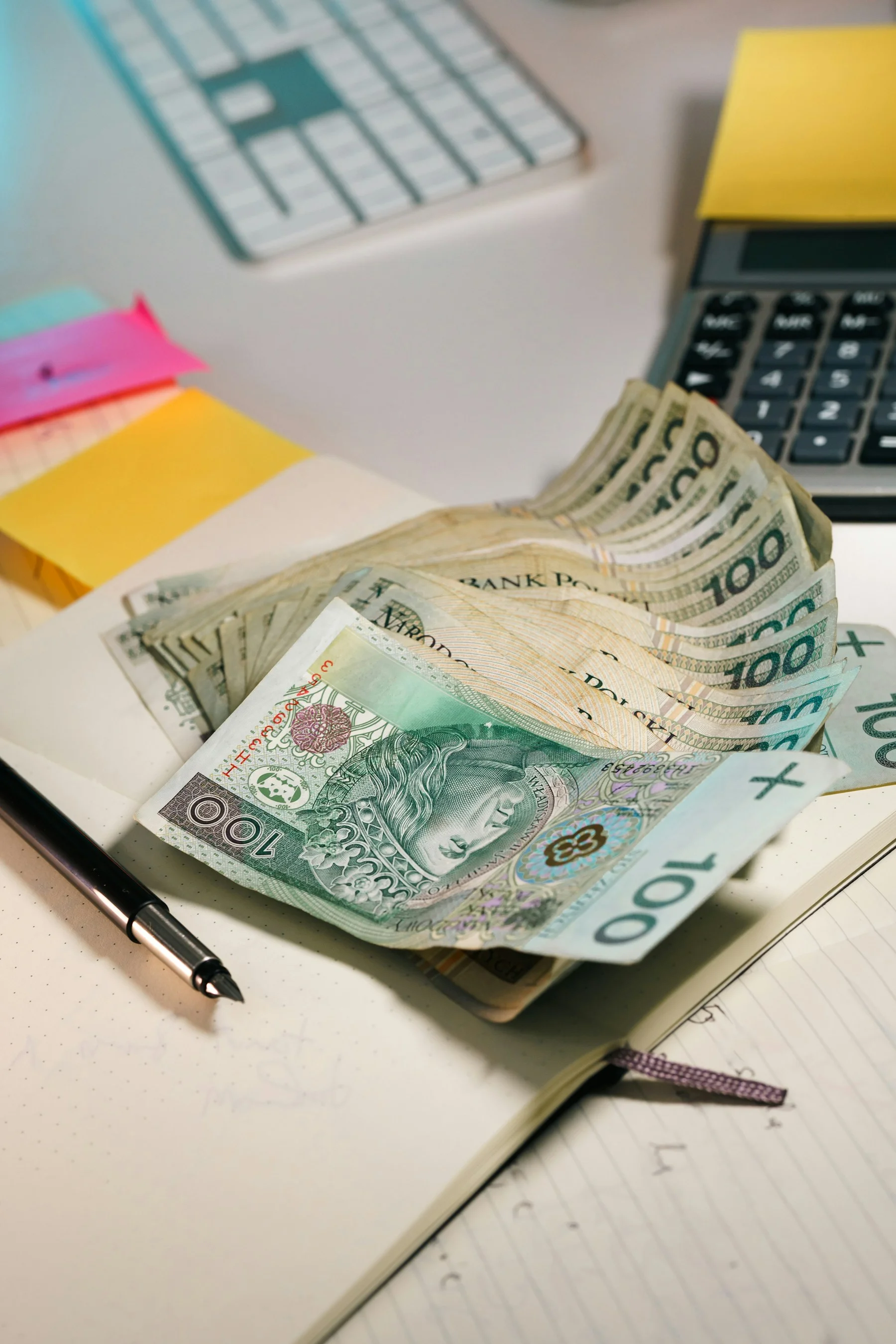 Carnet de comptes, calculatrice et billets en zlotys polonais : illustration de préparation d’un budget.