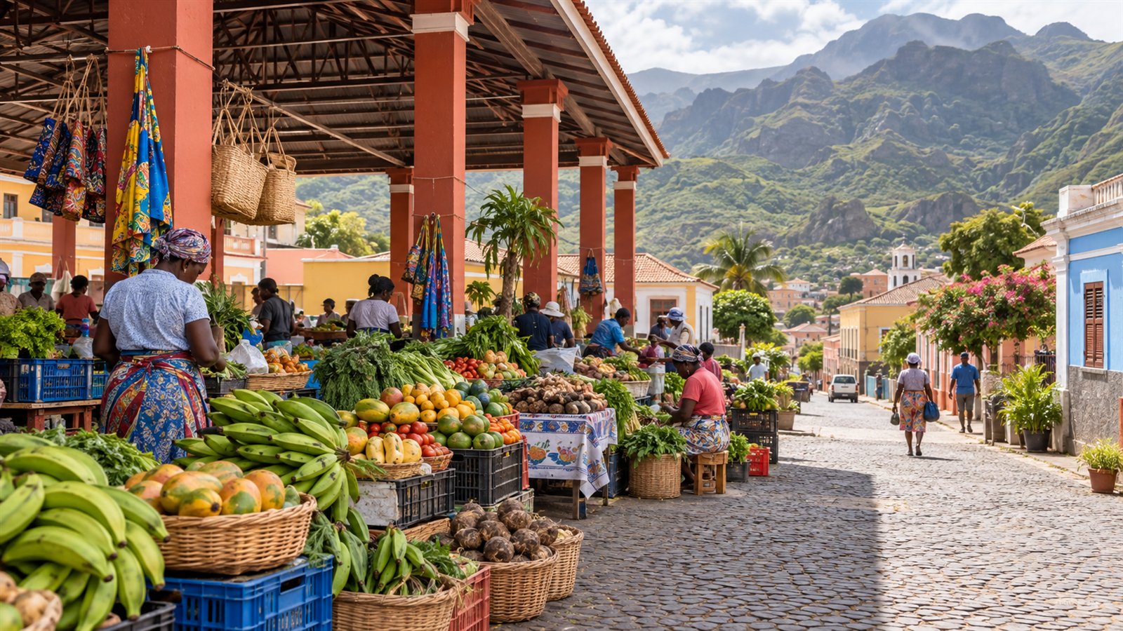 Marché coloré d’Assomada devant les montagnes de Santiago au Cap-Vert