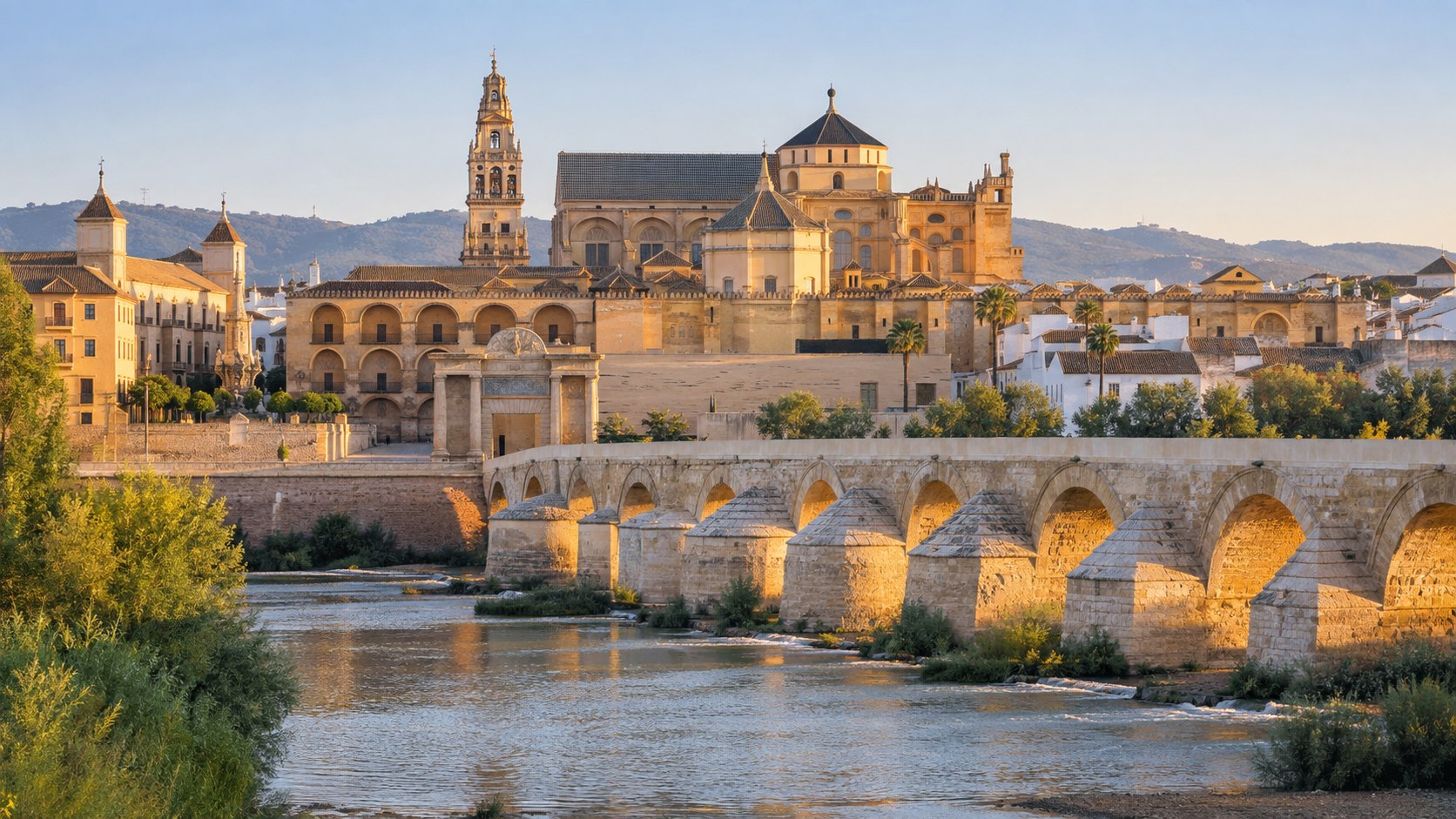 Mosquée-cathédrale de Cordoue derrière le pont romain et le Guadalquivir