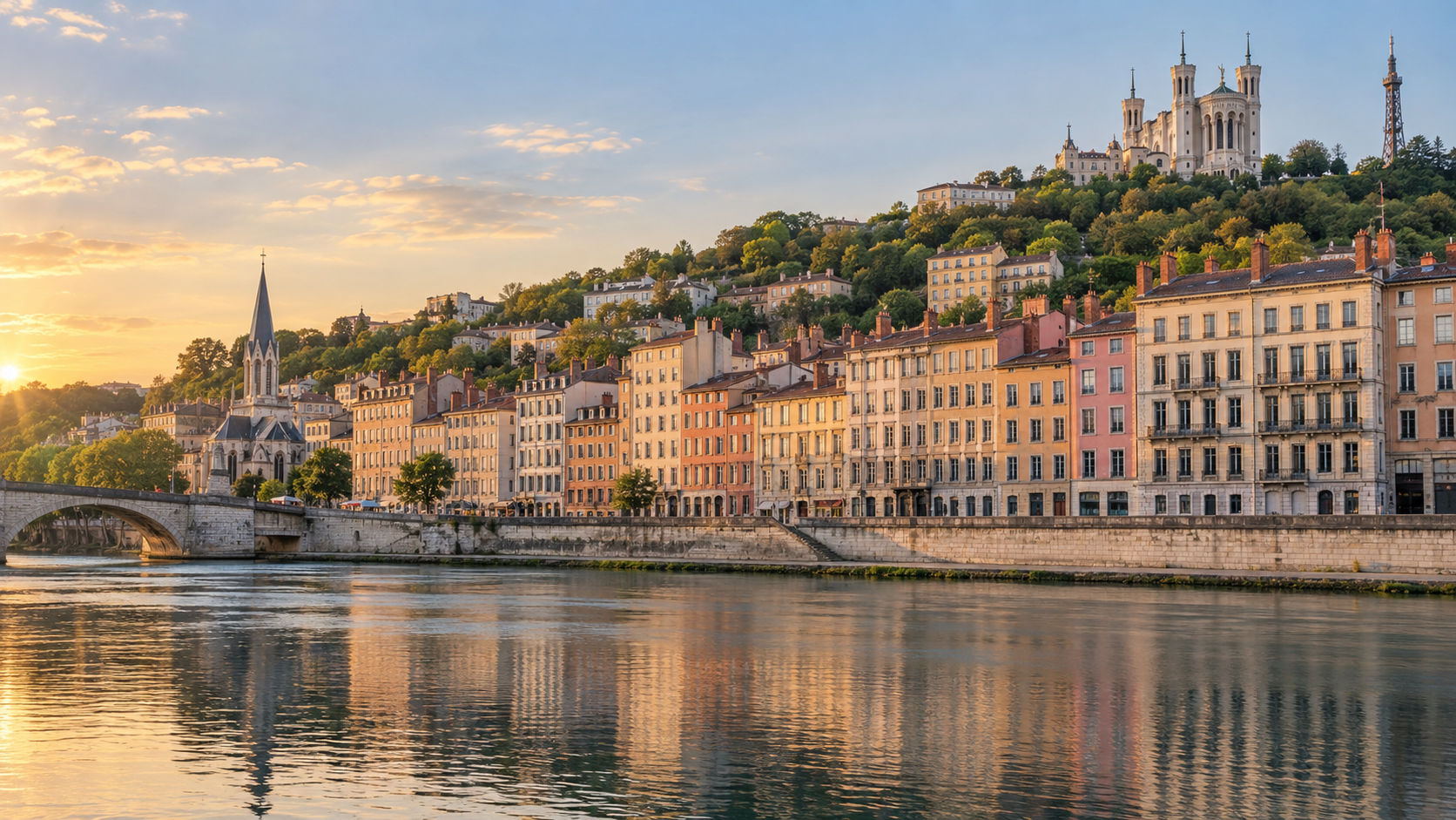 Lyon, le Vieux Lyon et la basilique de Fourvière depuis la Saône