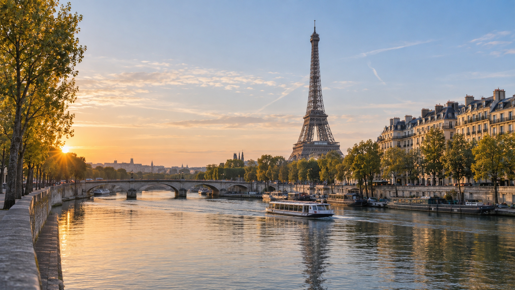 Paris, la Seine et la tour Eiffel au lever du jour