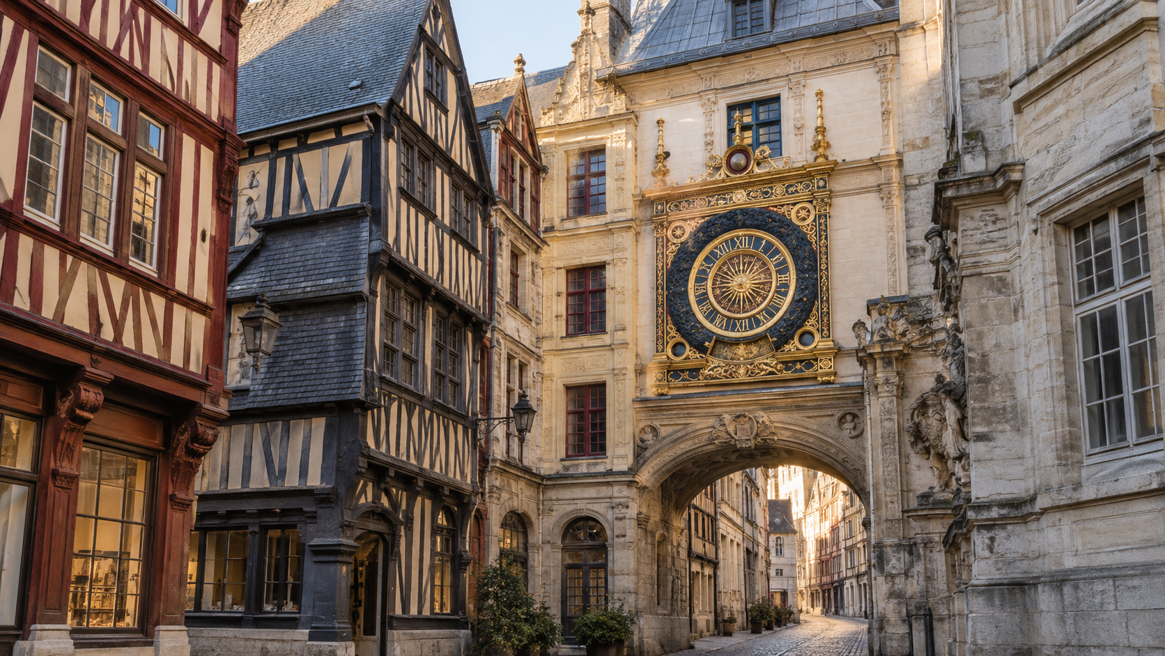 Rouen, le Gros-Horloge et les façades à colombages