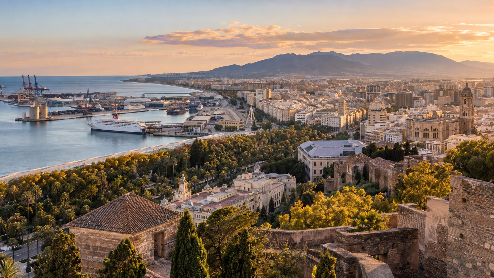 Vue sur Malaga, son port et la baie depuis l’Alcazaba