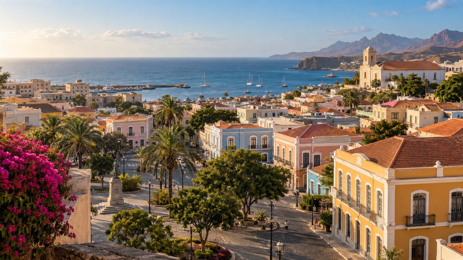 Vue de Praia et de son centre historique face à l’océan Atlantique