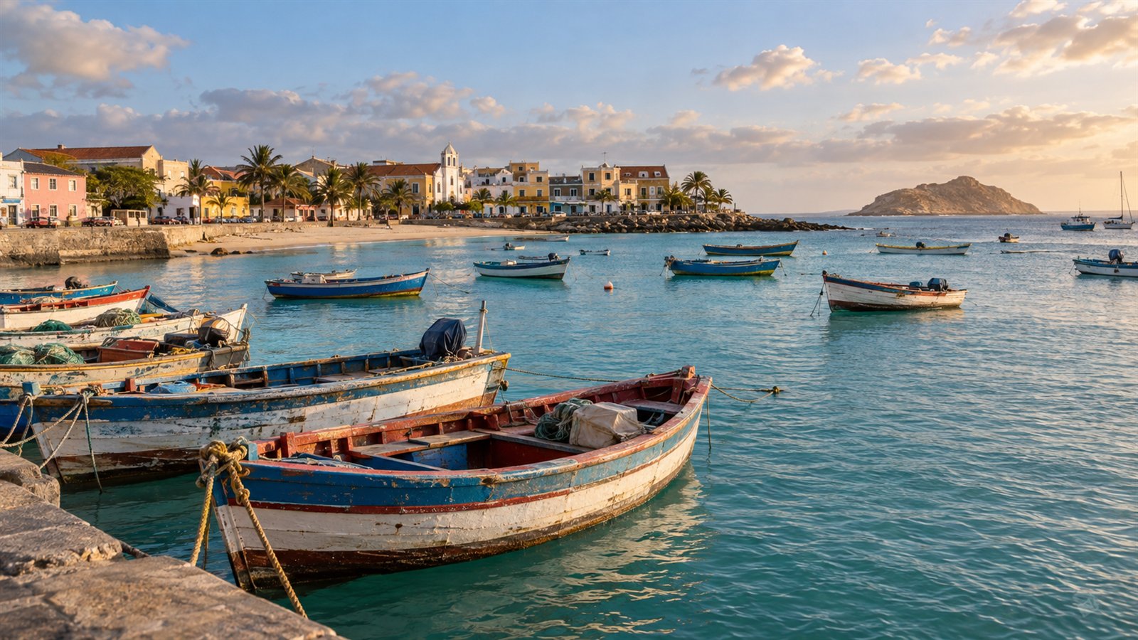 Port de Sal Rei, barques colorées et baie de Boa Vista au Cap-Vert