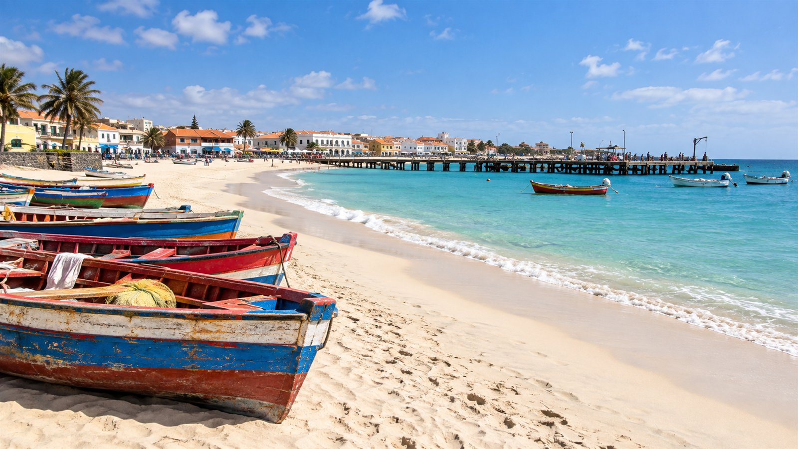 Plage de Santa Maria avec barques de pêche et ponton sur l’île de Sal