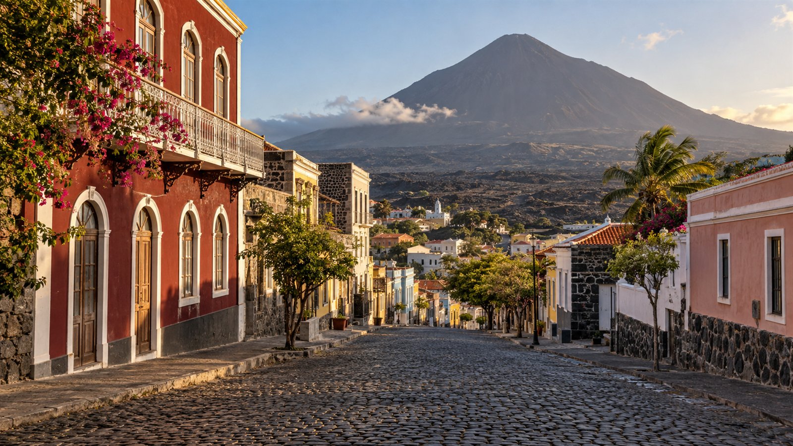 Rue historique de São Filipe avec le Pico do Fogo à l’horizon