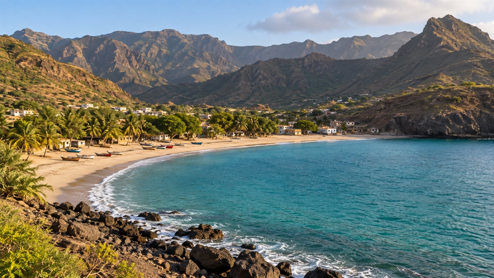Baie de Tarrafal, plage, barques et montagnes du nord de Santiago